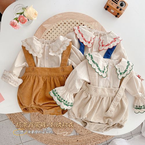 嬰兒背帶褲2021秋裝新款女寶寶韓版燈芯絨背帶褲宮廷風爬服 mk093